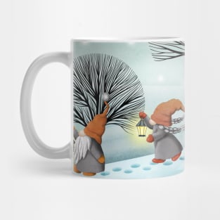 Scandinavian gnomes walking on snow hills with vintage lanterns. Fantasy watercolor illustration. Winter night forest. Moon night snowy landscape Mug